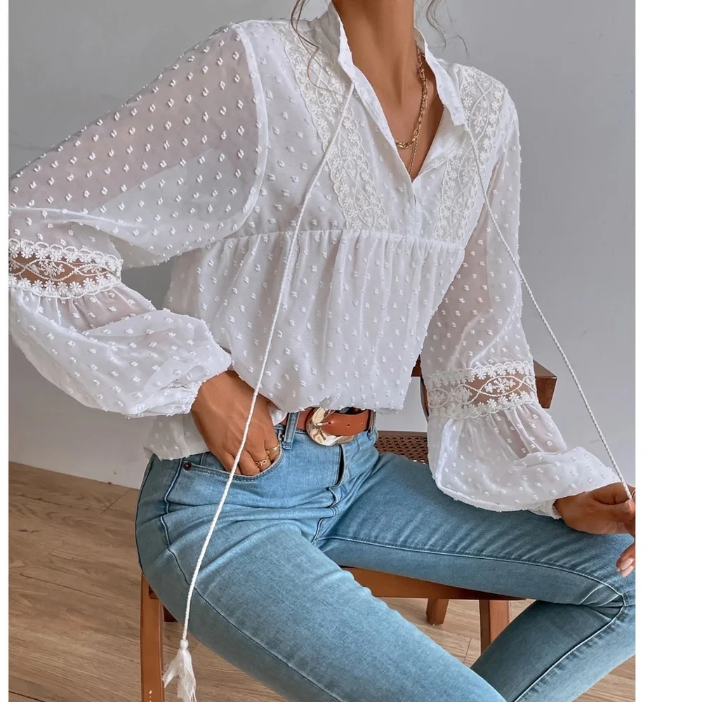Swiss Dot V neck Tassel Tie Semi Sheer Long sleeve Top